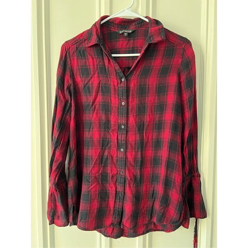 Express red and black plaid lightweight button down bell sleeve shirt S